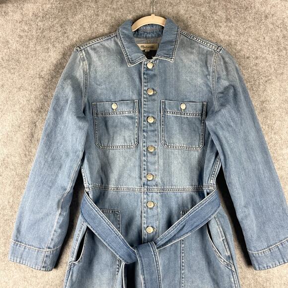 Madewell Denim Tie Waist Jumpsuit Womens Medium Blue Coverall Preppy Hipster - Picture 4 of 16